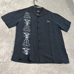 Harley-Davidson Shirt Mens Medium Dark Navy Aloha Camp Button Up Skull Flames